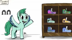 Size: 1920x1080 | Tagged: safe, artist:wamek, derpibooru import, pipp petals, pegasus, pony, clothes, g5, image, jpeg, male, raised hoof, shelves, shoes, sneakers, solo, stallion, thunder (g5)