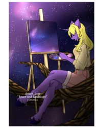 Size: 1500x2000 | Tagged: safe, artist:mari_deer, derpibooru import, oc, anthro, unguligrade anthro, unicorn, easel, female, galaxy, image, paint palette, paintbrush, painting, palette, png, solo, space