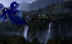Size: 1135x704 | Tagged: safe, artist:dragontwi, derpibooru import, princess luna, bird, awesome, blue eyes, building, city, complex background, detailed, detailed background, ethereal mane, flying, forest, hoof shoes, image, jpeg, lights, looking at something, mountain, mountain range, scenery, scenery porn, spread wings, starry mane, town, tree, water, waterfall, wavy mane, wings