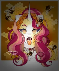 Size: 2500x3000 | Tagged: semi-grimdark, artist:mari_deer, derpibooru import, oc, bee, insect, pony, unicorn, blood, drool, drool string, fangs, image, open mouth, png, solo, tongue out