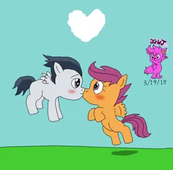 Size: 1024x1002 | Tagged: safe, artist:stella-exquisa, derpibooru import, rumble, scootaloo, pegasus, pony, blushing, cloud, female, filly, grass, grass field, heart, heart shaped, image, jpeg, male, rumbloo, scootaloo can fly, shipping, simple background, sky, straight
