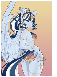 Size: 2000x2700 | Tagged: suggestive, artist:mari_deer, derpibooru import, oc, anthro, pegasus, anthro oc, breasts, butt, clothes, female, image, jewelry, looking at you, looking back, looking back at you, png, regalia, see-through, solo