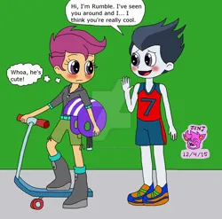 Size: 1024x1012 | Tagged: safe, artist:stella-exquisa, derpibooru import, rumble, scootaloo, human, equestria girls, blushing, dialogue, duo, equestria girls-ified, female, helmet, image, jpeg, male, rumbloo, scooter, shipping, simple background, straight, thought bubble