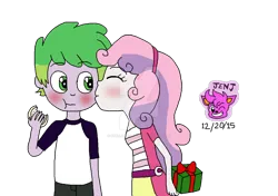 Size: 1024x722 | Tagged: safe, artist:stella-exquisa, derpibooru import, spike, sweetie belle, human, equestria girls, alternate design, christmas, duo, eating, female, holiday, human spike, humanized, image, kiss on the cheek, kissing, male, png, present, shipping, simple background, spikebelle, straight, transparent background