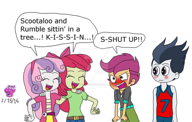 Size: 1024x649 | Tagged: safe, artist:stella-exquisa, derpibooru import, apple bloom, rumble, scootaloo, sweetie belle, human, equestria girls, blushing, cutie mark crusaders, deviantart watermark, embarrassed, equestria girls-ified, female, group, image, jpeg, male, mocking, obtrusive watermark, quartet, rumbloo, shipper on deck, shipping, simple background, singing, straight, watermark, white background