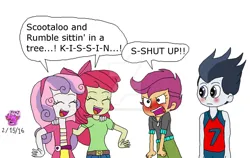 Size: 1024x649 | Tagged: safe, artist:stella-exquisa, derpibooru import, apple bloom, rumble, scootaloo, sweetie belle, human, equestria girls, blushing, cutie mark crusaders, deviantart watermark, embarrassed, equestria girls-ified, female, group, image, jpeg, male, mocking, obtrusive watermark, quartet, rumbloo, shipper on deck, shipping, simple background, singing, straight, watermark, white background