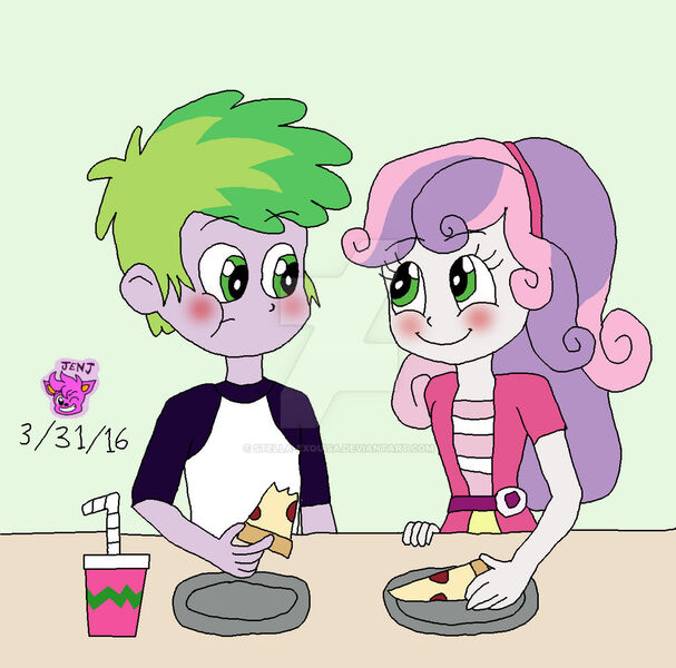 Size: 1024x1013 | Tagged: safe, artist:stella-exquisa, derpibooru import, spike, sweetie belle, human, equestria girls, alternate design, blushing, cup, date, deviantart watermark, duo, female, food, human spike, humanized, image, jpeg, lunch, male, obtrusive watermark, pizza, plate, shipping, simple background, spikebelle, straight, straw, table, watermark