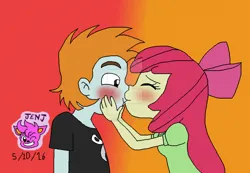 Size: 1024x709 | Tagged: safe, artist:stella-exquisa, derpibooru import, apple bloom, snips, human, equestria girls, blushing, duo, duo male and female, female, gradient background, image, jpeg, kiss on the lips, male, snipsbloom