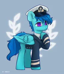 Size: 1713x2000 | Tagged: safe, artist:shelti, derpibooru import, oc, unofficial characters only, pegasus, pony, blue background, clothes, colored pupils, commission, folded wings, frown, hat, hoof on chest, image, jpeg, long sleeves, male, necktie, sailor hat, sailor suit, simple background, solo, stallion, standing, wings