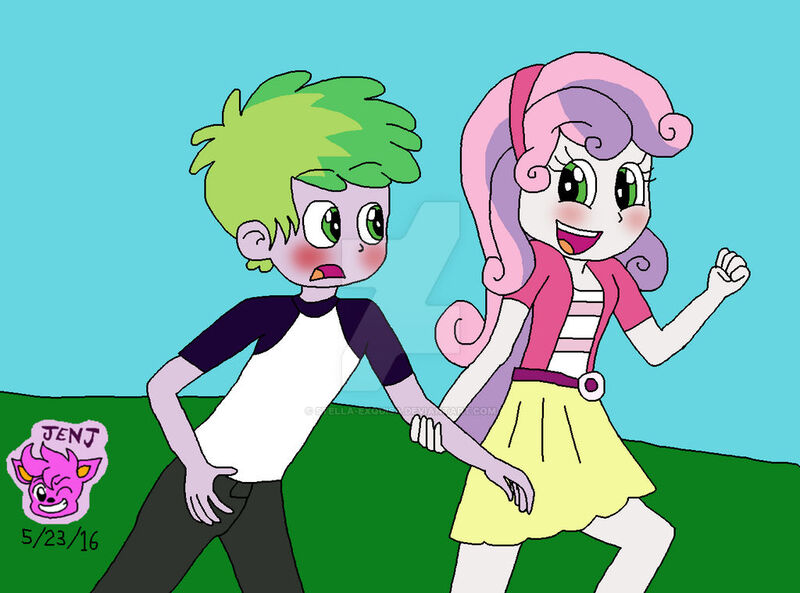 Size: 1024x759 | Tagged: safe, artist:stella-exquisa, derpibooru import, spike, sweetie belle, human, equestria girls, alternate design, blushing, deviantart watermark, duo, female, grass, grass field, holding hands, humanized, image, jpeg, male, obtrusive watermark, shipping, simple background, sky, spikebelle, straight, watermark