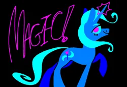 Size: 1316x900 | Tagged: safe, artist:msponies, derpibooru import, trixie, pony, unicorn, black background, februpony, female, g4, glow, glowing horn, horn, image, looking at you, magic, magic aura, mare, ms paint, png, raised hoof, simple background, smiling, solo, text