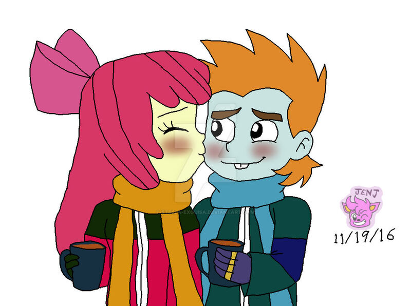 Size: 1024x763 | Tagged: safe, artist:stella-exquisa, derpibooru import, apple bloom, snips, human, equestria girls, blushing, chocolate, clothes, deviantart watermark, duo, eyes closed, food, hot chocolate, humanized, image, jpeg, kiss on the cheek, kissing, obtrusive watermark, scarf, simple background, snipsbloom, watermark, white background