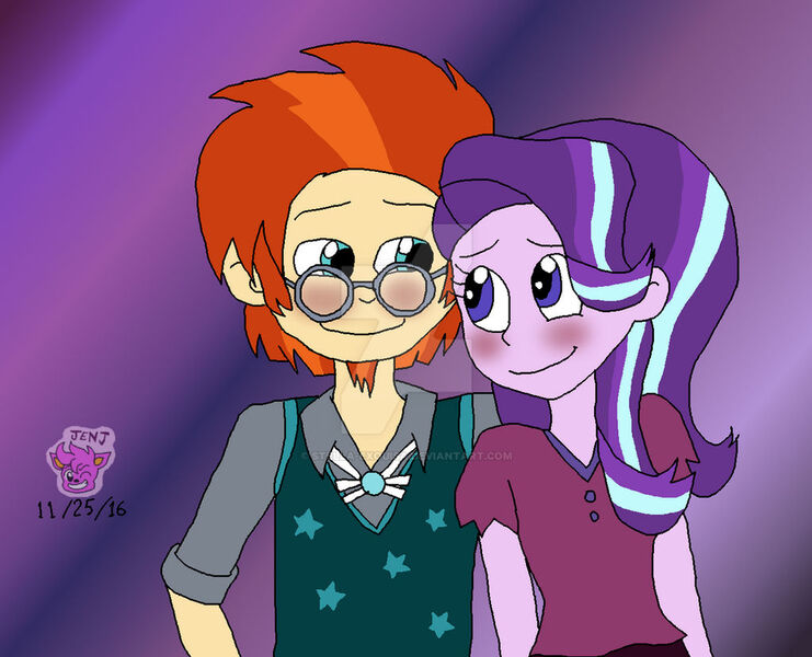 Size: 1024x829 | Tagged: safe, artist:stella-exquisa, derpibooru import, starlight glimmer, sunburst, human, equestria girls, blushing, deviantart watermark, duo, female, gradient background, humanized, image, jpeg, male, obtrusive watermark, shipping, starburst, straight, watermark