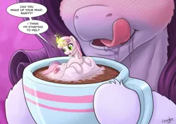 Size: 2105x1488 | Tagged: suggestive, artist:hunnter, derpibooru import, rarity, sweetie belle, pony, unicorn, chocolate, cup, cup of pony, drool, female, food, hot chocolate, image, licking, licking lips, marshmallow, melting, micro, png, sweetie belle is a marshmallow too, this will end in vore, tongue out, vore