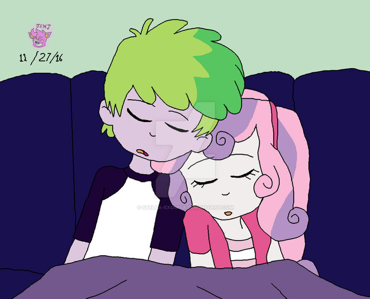 Size: 1024x828 | Tagged: safe, artist:resotii, artist:stella-exquisa, banned from derpibooru, deleted from derpibooru, derpibooru import, spike, sweetie belle, human, equestria girls, alternate design, blanket, couch, duo, equestria girls-ified, female, human spike, humanized, image, jpeg, male, shipping, sleeping, spikebelle, straight, watermark