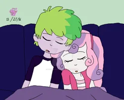 Size: 1024x828 | Tagged: safe, artist:stella-exquisa, derpibooru import, spike, sweetie belle, human, equestria girls, alternate design, blanket, couch, duo, female, humanized, image, jpeg, male, shipping, sleeping, spikebelle, straight