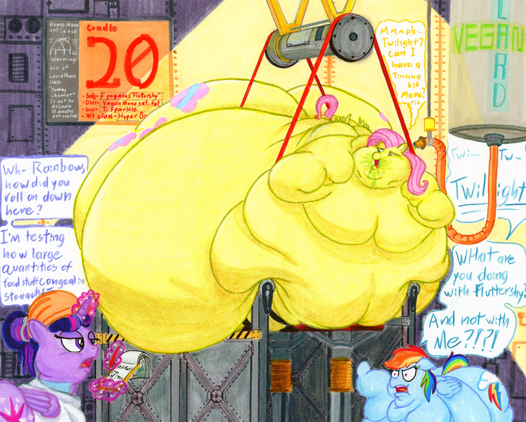 Size: 3000x2406 | Tagged: questionable, artist:white-eyed vireo, derpibooru import, fluttershy, rainbow dash, twilight sparkle, twilight sparkle (alicorn), alicorn, pegasus, pony, unicorn, bariatric lift, belly, big belly, big crotchboobs, clothes, crotchboobs, derpibooru exclusive, double chin, fat, fat fetish, fattershy, feeding tube, female, fetish, fluttercow, hard hat, hat, hose, huge belly, huge crotchboobs, image, immobile, impossibly large belly, impossibly obese, jpeg, laboratory, large butt, lying down, male, morbidly obese, multichin, nudity, obese, open mouth, rainblob dash, rolls of fat, smiling, stallion, traditional art, triple chin, twilard sparkle