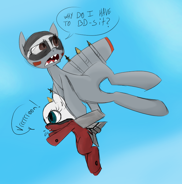 Size: 684x690 | Tagged: artist needed, safe, derpibooru import, original species, plane pony, pony, a-10 thunderbolt ii, annoyed, babysitting, brown eyes, carrying, duo, flying, holding a pony, image, looking back, missile, mlem, onomatopoeia, open mouth, plane, png, puffy cheeks, raspberry, raspberry noise, sharp teeth, silly, teeth, tongue out, vroom