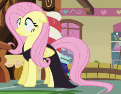 Size: 416x323 | Tagged: safe, derpibooru import, screencap, fluttershy, pegasus, pony, scare master, season 5, animated, clothes, costume, cropped, cute, duo, female, gif, image, implied pinkie pie, mare, nightmare night, nightmare night costume, shyabetes, sugarcube corner