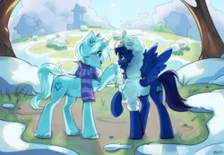 Size: 3700x2553 | Tagged: safe, derpibooru import, oc, oc:crystal tundra, oc:snow, unofficial characters only, pegasus, pony, sheep, unicorn, boop, image, png, raised hoof, raised tail, snow, spread wings, tail, wings