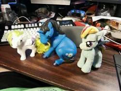 Size: 4672x3504 | Tagged: safe, artist:prince_polaris, derpibooru import, rainbow dash, surprise, oc, oc:(prince)polaris, unicorn, black mane, blue fur, ceramic, ceramic pony, image, irl, jpeg, painted, photo, plushie