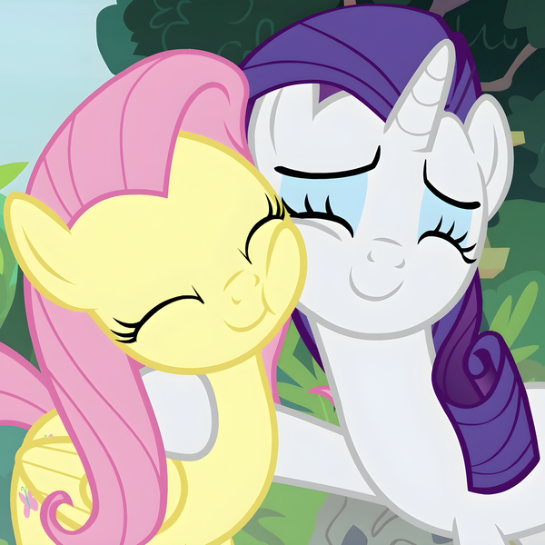 Size: 1400x1399 | Tagged: safe, derpibooru import, screencap, fluttershy, rarity, pegasus, pony, unicorn, fake it 'til you make it, season 8, spoiler:s08, ^^, cheek nuzzle, cheek squish, cheek to cheek, cropped, cute, daaaaaaaaaaaw, duo, duo female, eyes closed, female, happy, high res, hnnng, hug, image, mare, nuzzling, png, raribetes, shyabetes, side hug, smiling, squishy cheeks, tree