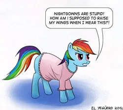 Size: 500x448 | Tagged: safe, artist:el-yeguero, derpibooru import, rainbow dash, pegasus, pony, clothes, dialogue, female, image, jpeg, mare, nightgown, signature, simple background, solo, speech bubble, white background