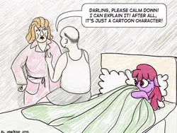 Size: 500x375 | Tagged: suggestive, artist:el-yeguero, derpibooru import, berry punch, berryshine, earth pony, human, pony, bed, caught, covers, dialogue, female, image, implied human on pony action, implied interspecies, infidelity, jpeg, male, mare, signature, speech bubble