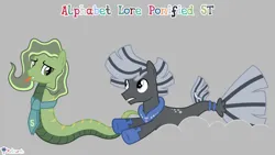 Size: 7111x4000 | Tagged: safe, artist:melisareb, derpibooru import, part of a set, ponified, inkanyamba, original species, pony, seapony (g4), snake, snake pony, .svg available, 16:9, absurd resolution, alphabet lore, fish tail, forked tongue, gray background, image, male, necktie, png, s, seaponified, simple background, snake tail, species swap, stallion, t, tail, teeth, tongue out, vector