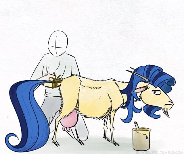 Size: 640x537 | Tagged: safe, artist:el-yeguero, derpibooru import, oc, oc:anon, oc:milky way, goat, human, image, jpeg, male, paint, paint bucket, simple background, tail, tail extensions, tying, udder, white background, wig
