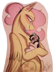 Size: 2778x3603 | Tagged: safe, artist:sugarkittycat04, derpibooru import, fluttershy, oc, oc:shadow dusk, hybrid, pony, crying, duo, female, hug, image, interspecies offspring, looking at someone, male, mare, mother and child, mother and son, offspring, parent:discord, parent:fluttershy, parents:discoshy, png, ponytail, simple background, traditional art, transparent background, young