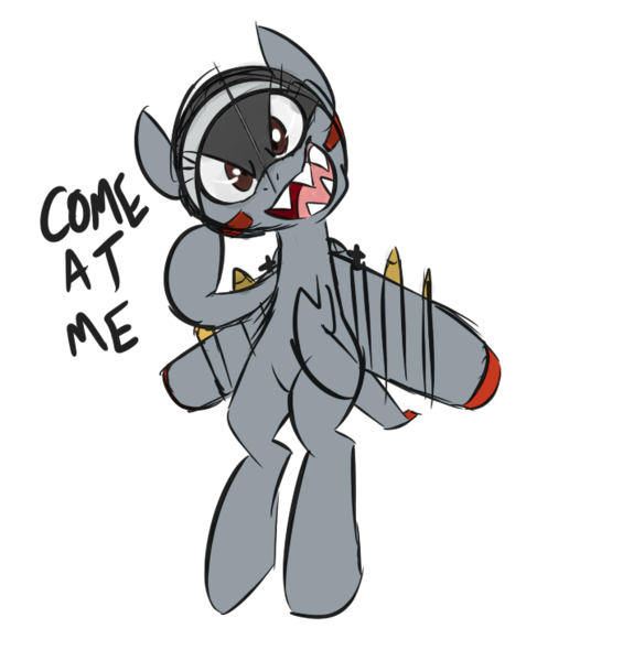 Size: 700x744 | Tagged: artist needed, safe, derpibooru import, oc, oc:blitz, unofficial characters only, original species, plane pony, pony, a-10 thunderbolt ii, bomb, brown eyes, colored, come at me bro, digital art, flying, gray coat, image, looking at you, missile, open mouth, plane, png, sharp teeth, simple background, smiling, solo, spread wings, teeth, weapon, white background, wings