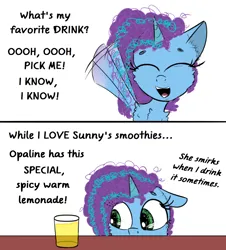 Size: 1350x1492 | Tagged: semi-grimdark, suggestive, artist:chopsticks, derpibooru import, pony, unicorn, g5, 2 panel comic, abuse, cheek fluff, chest fluff, comic, cup, cute, dialogue, female, floppy ears, image, implied opaline arcana, mare, misty brightdawn, misty deserves better, mistybetes, mistybuse, opabitch, png, raised hoof, simple background, solo, talking to viewer, text, urine, waving