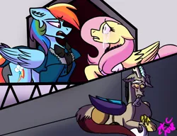 Size: 907x698 | Tagged: safe, artist:sugarkittycat04, derpibooru import, discord, fluttershy, rainbow dash, draconequus, pegasus, pony, clothes, crying, facial hair, female, floppy ears, goatee, horns, image, jpeg, looking at each other, looking at someone, lying down, male, mare, open mouth, prone, sad, suit, wings