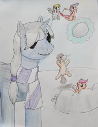 Size: 3100x4017 | Tagged: safe, artist:jimthecactus, derpibooru import, derpy hooves, scootaloo, oc, earth pony, pegasus, pony, unicorn, clothes, image, jpeg, levitation, magic, scarf, snow, snowball, snowball fight, striped scarf, telekinesis, traditional art, winter