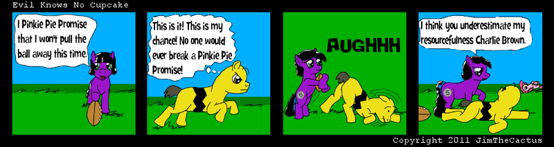 Size: 900x240 | Tagged: safe, artist:jimthecactus, derpibooru import, pinkie pie, ponified, earth pony, pony, american football, augh, charlie brown, comic, crossover, dialogue, duo, female, image, lucy, male, mare, peanuts (comic), pinkie promise, png, sports, stallion, thought bubble, tied up
