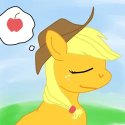 Size: 1024x1024 | Tagged: safe, artist:jimthecactus, derpibooru import, applejack, earth pony, pony, apple, bust, eyes closed, female, food, image, jpeg, mare, smiling, solo, that pony sure does love apples, thought bubble