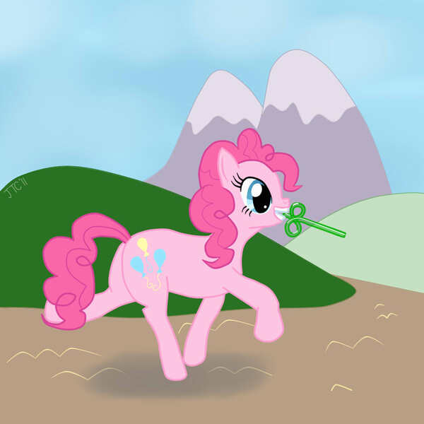 Size: 1024x1024 | Tagged: safe, artist:jimthecactus, derpibooru import, pinkie pie, earth pony, pony, crazy straw, drinking straw, female, image, jpeg, mare, mouth hold, solo, trotting