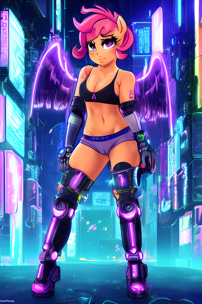 Size: 1024x1536 | Tagged: suggestive, derpibooru import, editor:lord waite, machine learning assisted, machine learning generated, stable diffusion, neon lights, rising star, scootaloo, anthro, cyborg, artificial wings, augmented, bra, breasts, city, clothes, cyberpunk, derpibooru exclusive, female, image, png, robotic hand, robotic legs, solo, solo female, underwear, wings