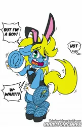 Size: 1280x1978 | Tagged: suggestive, artist:outofworkderpy, derpibooru import, bunny suit, clothes, femboy, image, jpeg, male, nervous, playboy bunny