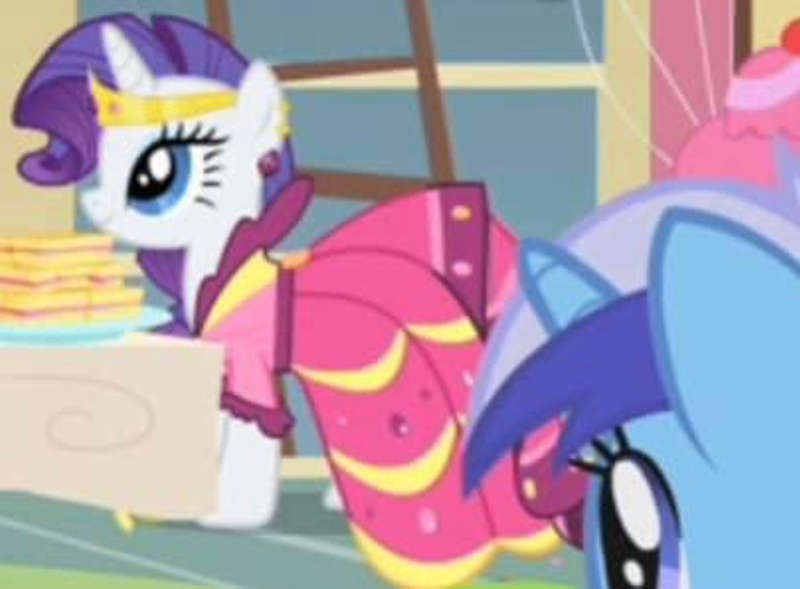 Size: 2141x1575 | Tagged: safe, derpibooru import, screencap, minuette, rarity, pony, unicorn, a bird in the hoof, beautiful, clothes, cropped, dress, food, gala dress, gown, image, jewelry, jpeg, sandwich, sugarcube corner, table, tiara