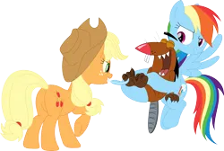Size: 3538x2372 | Tagged: safe, artist:porygon2z, derpibooru import, applejack, rainbow dash, beaver, earth pony, pegasus, pony, angry beavers, applebutt, butt, crossover, dagget doofus beaver, eyes closed, feather, female, floating eyebrows, flying, grin, high res, holding, image, laughing, male, mare, open mouth, open smile, plot, png, raised hoof, simple background, smiling, smirk, spread wings, tickling, transparent background, trio, wings