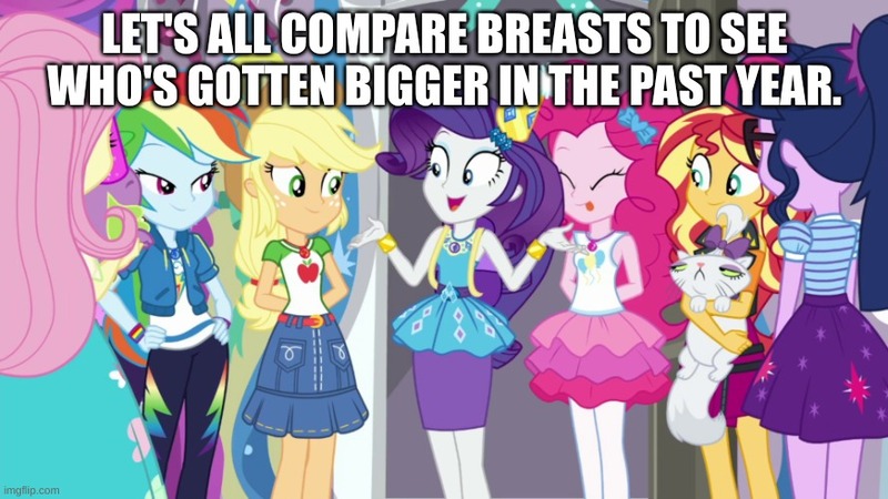 Size: 888x499 | Tagged: suggestive, derpibooru import, edit, edited screencap, screencap, applejack, fluttershy, opalescence, pinkie pie, rainbow dash, rarity, sci-twi, spike, spike the regular dog, sunset shimmer, twilight sparkle, dog, equestria girls, equestria girls series, fomo, spoiler:eqg series (season 2), caption, humane five, humane seven, humane six, image, image macro, jpeg, text