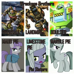 Size: 3264x3264 | Tagged: safe, artist:robertsonskywa1, derpibooru import, edit, limestone pie, marble pie, maud pie, earth pony, robot, autobot, boulder, boulder (transformers), collage, image, jpeg, landmine, overhaul, overhaul (transformers), photo, text, transformers