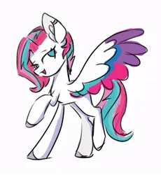 Size: 665x723 | Tagged: safe, derpibooru import, zipp storm, pegasus, pony, cool, dancing, female, g5, image, jpeg, mare, simple background, smiling, solo, spread wings, white background, wings