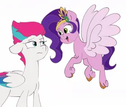 Size: 1156x976 | Tagged: safe, derpibooru import, pipp, pipp petals, zipp storm, pegasus, pony, colorful, cute, female, flying, g5, image, jpeg, looking at each other, looking at someone, open mouth, pipp is short, siblings, simple background, sisters, spread wings, unhappy, white background, wings