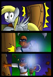 Size: 550x798 | Tagged: safe, artist:neoncabaret, derpibooru import, derpy hooves, oc, oc:mel, human, pegasus, pony, comic:derpy's wish, comic, flamethrower, image, png, weapon