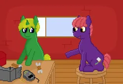 Size: 704x480 | Tagged: safe, artist:valuable ashes, derpibooru import, oc, unnamed oc, unofficial characters only, earth pony, pony, unicorn, hammer, image, pixel art, png, radio, sitting, stool, table, window, wrench