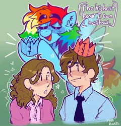 Size: 2977x3096 | Tagged: safe, artist:yumkandie, derpibooru import, rainbow dash, clothes, eyes closed, image, jpeg, monologue, necktie, paper crown, shirt, smiling, surprised, talking, the office