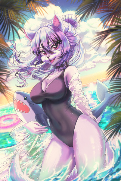 Size: 3976x5931 | Tagged: suggestive, artist:hikerumin, banned from derpibooru, deleted from derpibooru, derpibooru import, oc, unofficial characters only, anthro, cat, shark, beach, big breasts, breasts, cleavage, clothes, commission, female, furry, image, jpeg, looking at you, not pony related, ocean, one-piece swimsuit, palm, palm tree, solo, solo female, swimsuit, tree, water, ych result, your character here